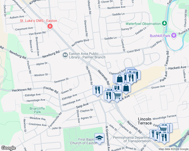 map of restaurants, bars, coffee shops, grocery stores, and more near 2524 Swanson Street in Easton