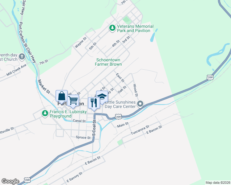 map of restaurants, bars, coffee shops, grocery stores, and more near 402 Valley Street in Port Carbon