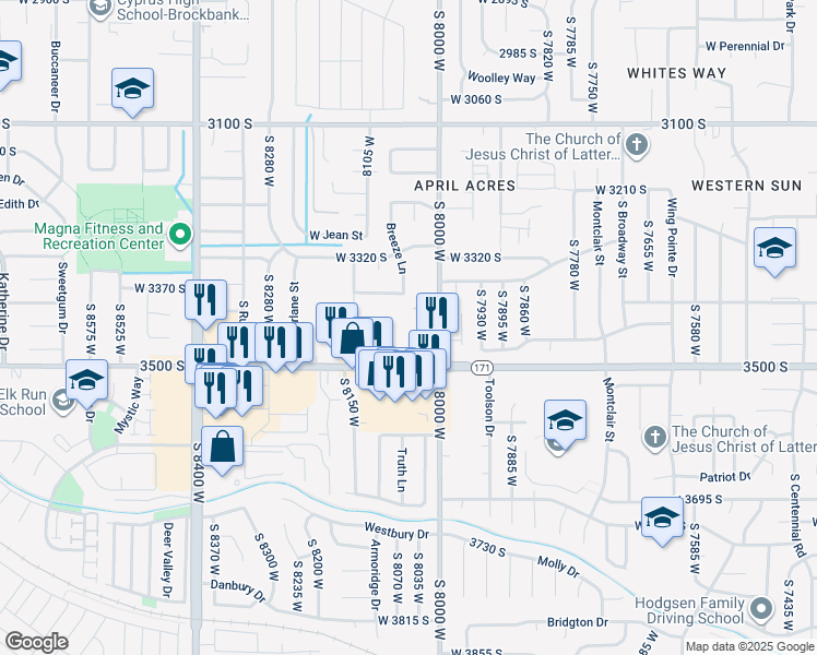 map of restaurants, bars, coffee shops, grocery stores, and more near 8035 Copperfield Place in Magna