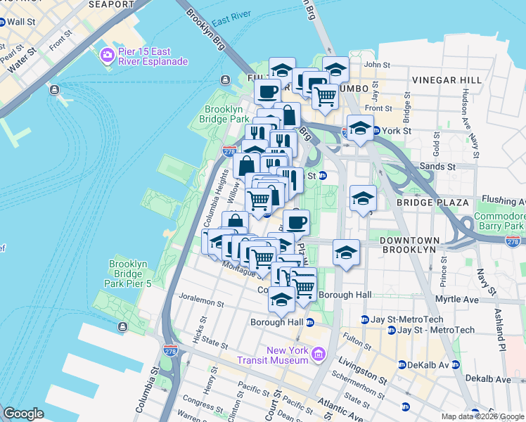map of restaurants, bars, coffee shops, grocery stores, and more near 51 Clark Street in Brooklyn