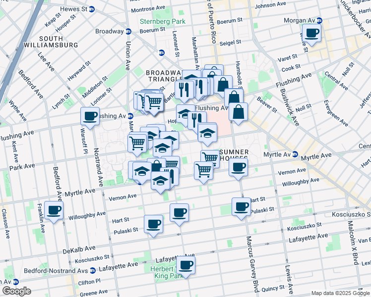 map of restaurants, bars, coffee shops, grocery stores, and more near 760 Park Avenue in Brooklyn