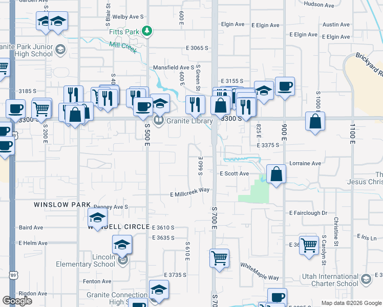 map of restaurants, bars, coffee shops, grocery stores, and more near 631 3390 South in South Salt Lake