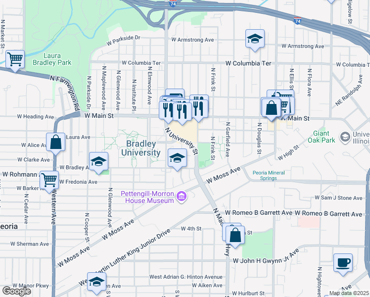 map of restaurants, bars, coffee shops, grocery stores, and more near 828 North Underhill Street in Peoria
