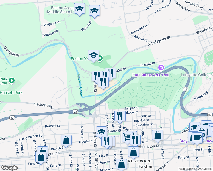 map of restaurants, bars, coffee shops, grocery stores, and more near 1247 Simon Boulevard in Easton