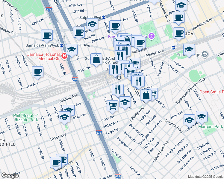 map of restaurants, bars, coffee shops, grocery stores, and more near 143-20 94th Avenue in Queens