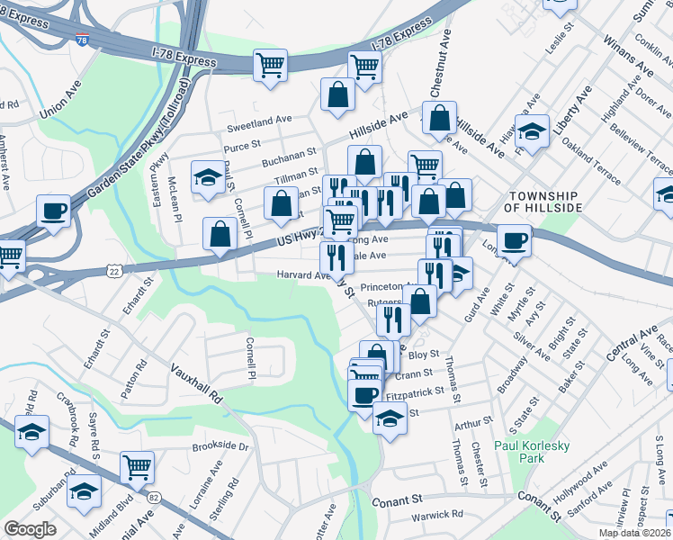 map of restaurants, bars, coffee shops, grocery stores, and more near 428 Yale Avenue in Hillside