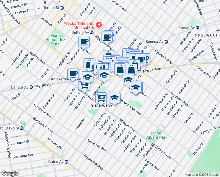 map of restaurants, bars, coffee shops, grocery stores, and more near 288 Grove Street in Brooklyn