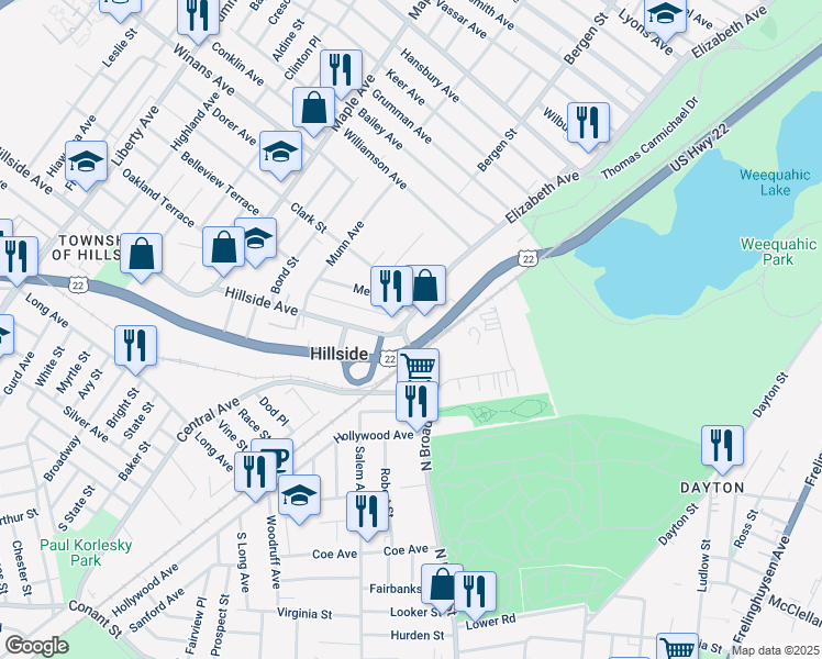 map of restaurants, bars, coffee shops, grocery stores, and more near 1414 North Broad Street in Hillside