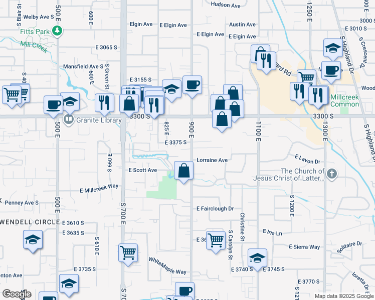 map of restaurants, bars, coffee shops, grocery stores, and more near 3396 South 900 East in Millcreek