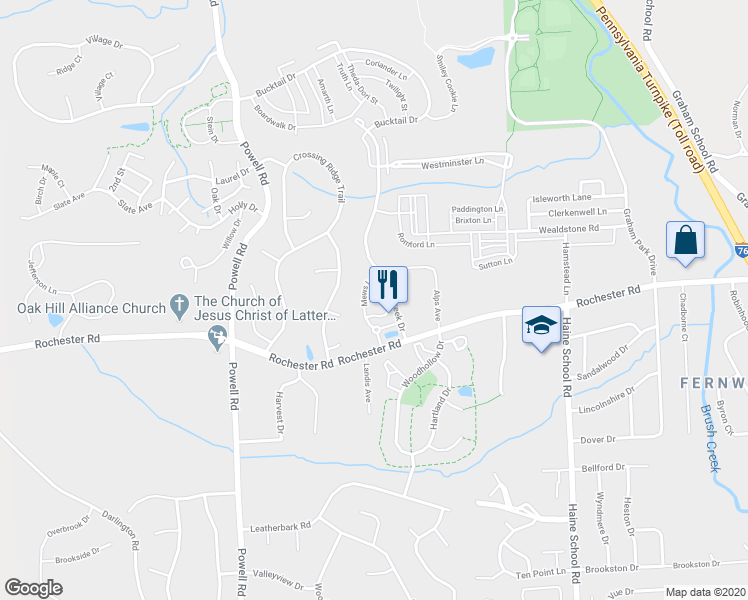 map of restaurants, bars, coffee shops, grocery stores, and more near Courage Lane in Cranberry Township