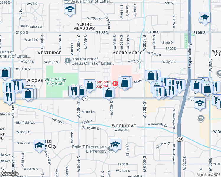 map of restaurants, bars, coffee shops, grocery stores, and more near 3457 Eastcrest Road in West Valley City