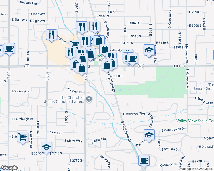map of restaurants, bars, coffee shops, grocery stores, and more near 3398 South Highland Drive in Millcreek