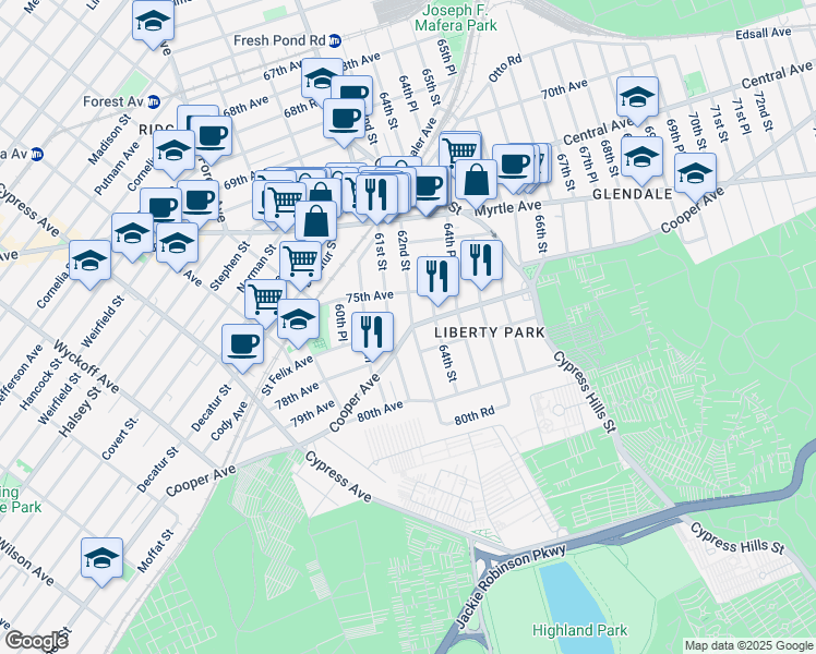 map of restaurants, bars, coffee shops, grocery stores, and more near 75-26 62nd Street in Queens