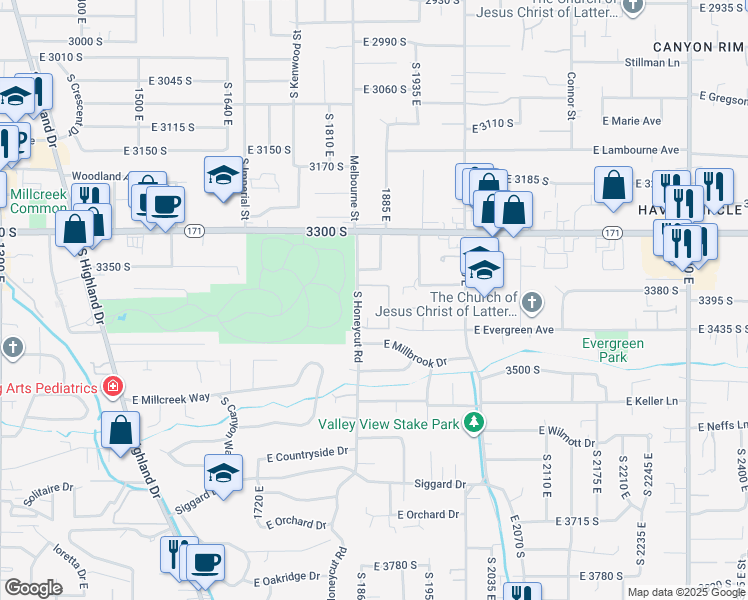 map of restaurants, bars, coffee shops, grocery stores, and more near 3361 Honeycut Road in Salt Lake City