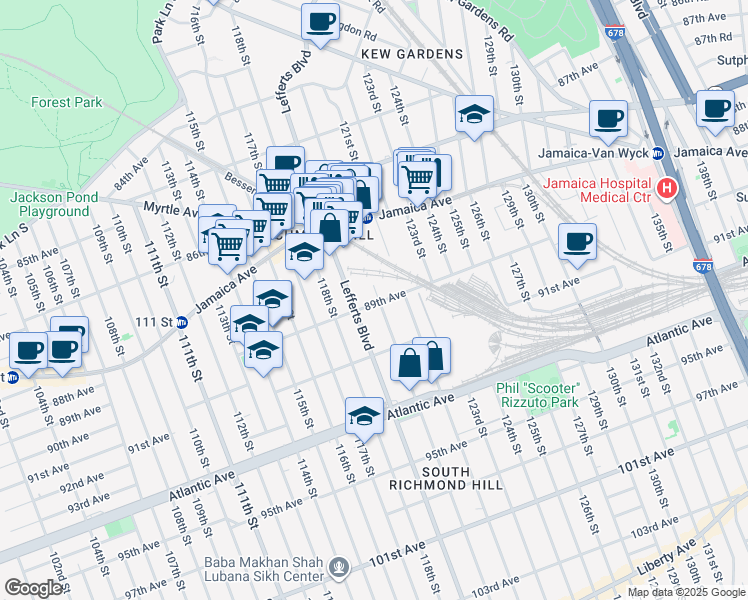 map of restaurants, bars, coffee shops, grocery stores, and more near 87-83 120th Street in Queens