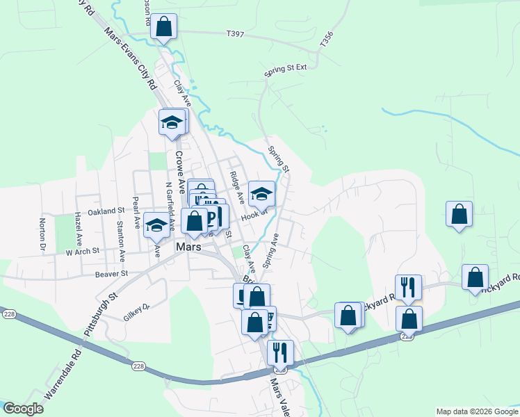 map of restaurants, bars, coffee shops, grocery stores, and more near 211A Huch Road in Mars