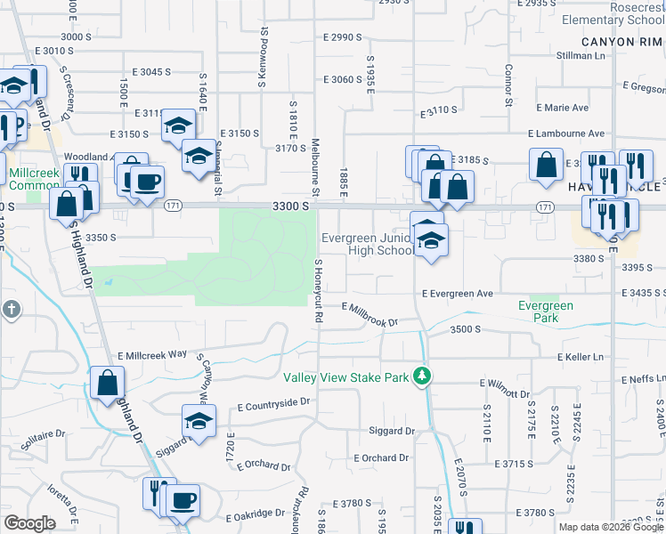 map of restaurants, bars, coffee shops, grocery stores, and more near 3361 Honeycut Road in Salt Lake City
