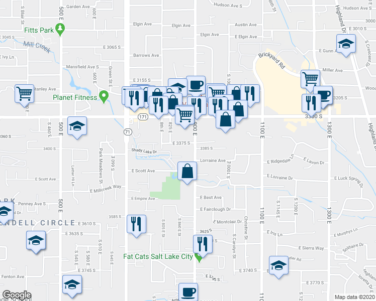 map of restaurants, bars, coffee shops, grocery stores, and more near 3381 900 East in Millcreek