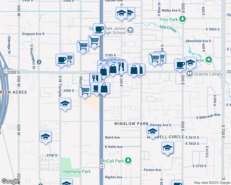 map of restaurants, bars, coffee shops, grocery stores, and more near 3385 South Edison Street in South Salt Lake