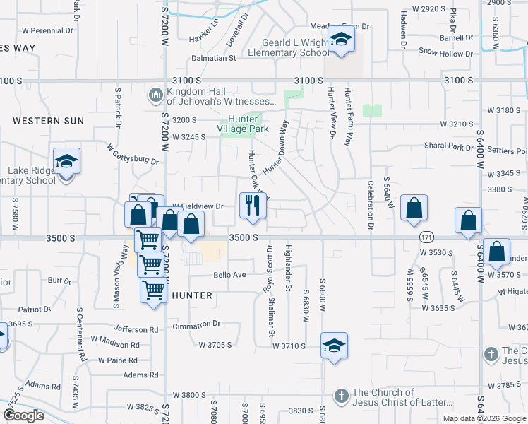 map of restaurants, bars, coffee shops, grocery stores, and more near 3426 De Mass Drive in West Valley City