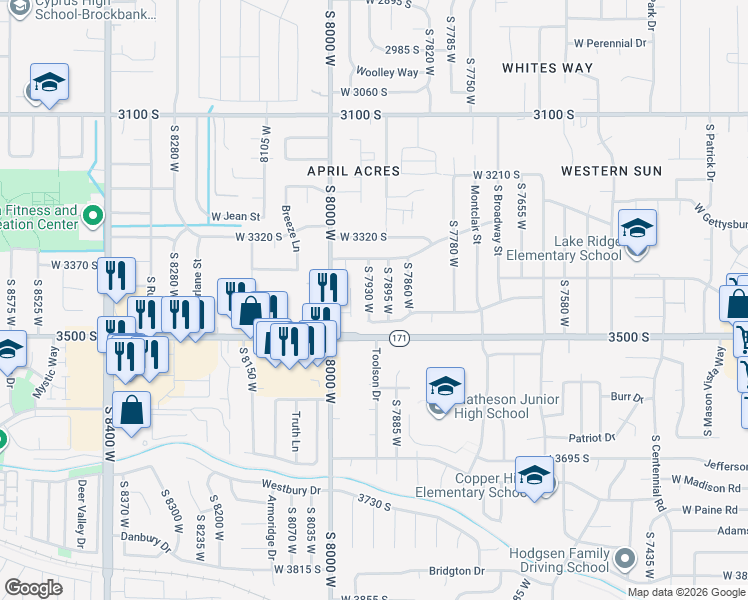 map of restaurants, bars, coffee shops, grocery stores, and more near 3422 South 7895 West in Magna