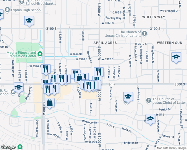 map of restaurants, bars, coffee shops, grocery stores, and more near 8035 Copperfield Place in Magna