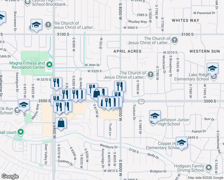 map of restaurants, bars, coffee shops, grocery stores, and more near 8035 Copperfield Place in Magna