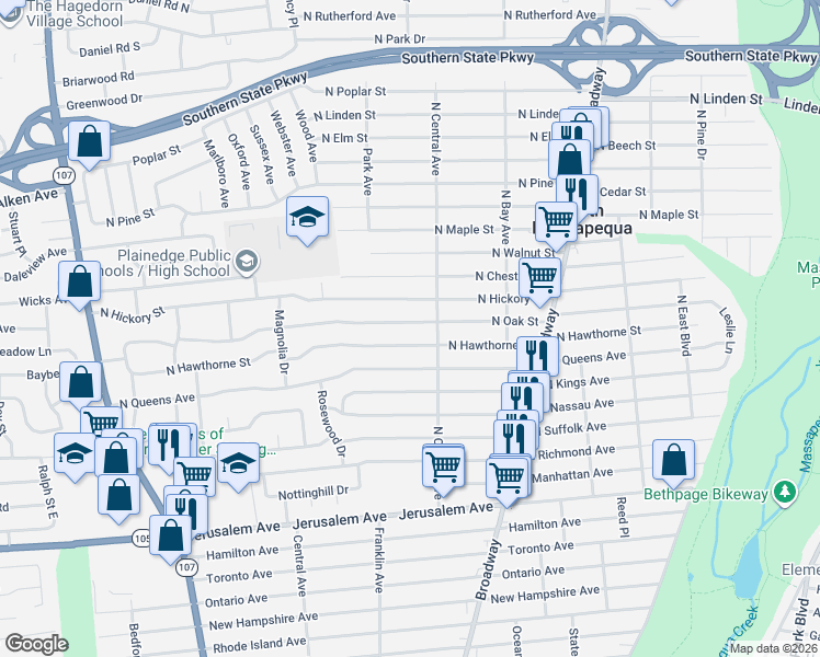 map of restaurants, bars, coffee shops, grocery stores, and more near 237 North Oak Street in Massapequa