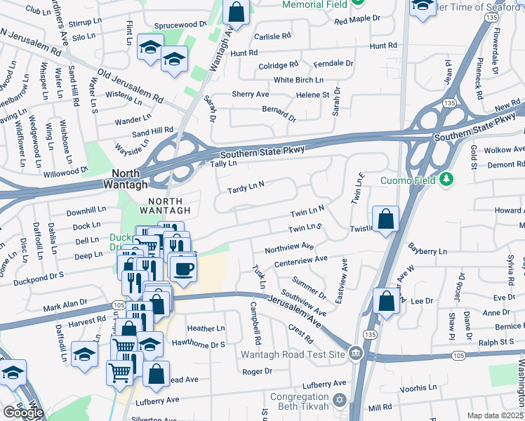 map of restaurants, bars, coffee shops, grocery stores, and more near 148 Tardy Lane South in Wantagh