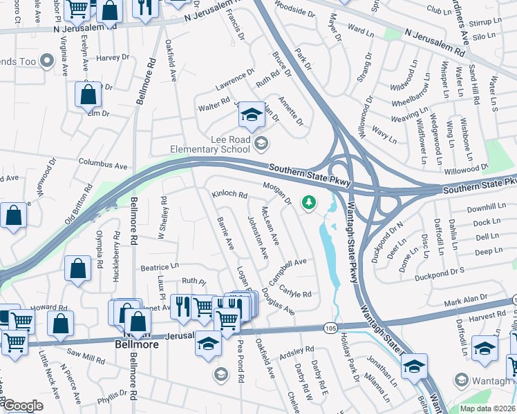 map of restaurants, bars, coffee shops, grocery stores, and more near 1000 McLean Avenue in Wantagh