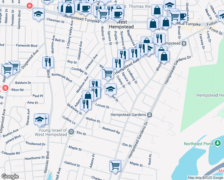 map of restaurants, bars, coffee shops, grocery stores, and more near 379 Tudor Place in West Hempstead