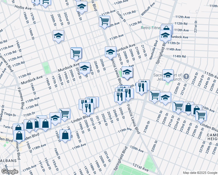 map of restaurants, bars, coffee shops, grocery stores, and more near 115-42 205th Street in Queens