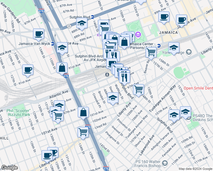 map of restaurants, bars, coffee shops, grocery stores, and more near 143-20 94th Avenue in Queens