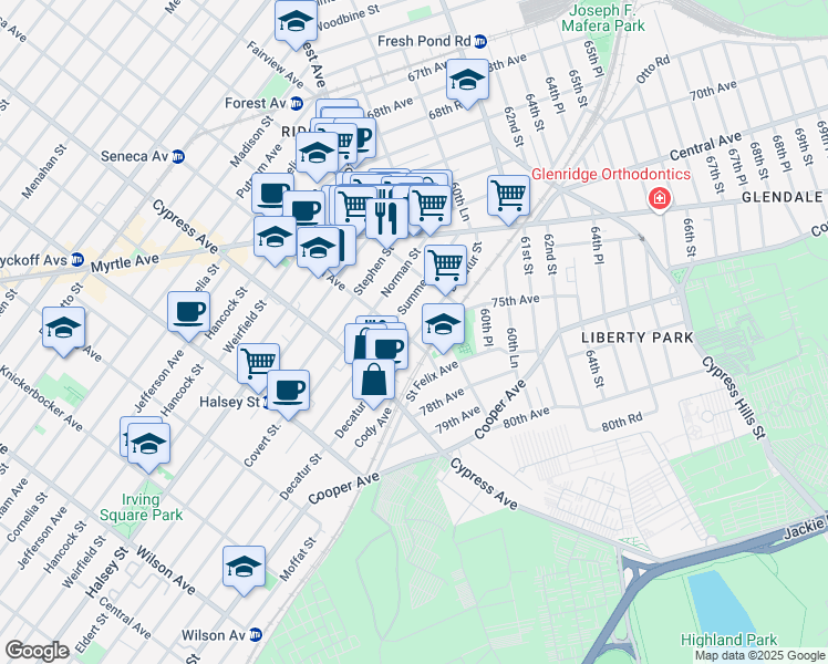 map of restaurants, bars, coffee shops, grocery stores, and more near 1804 Summerfield Street in Queens