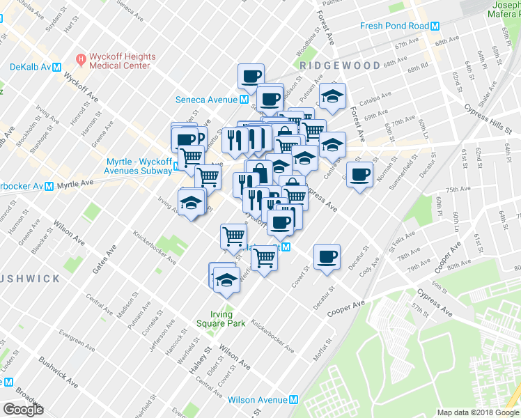 map of restaurants, bars, coffee shops, grocery stores, and more near 16-25 Hancock Street in Queens