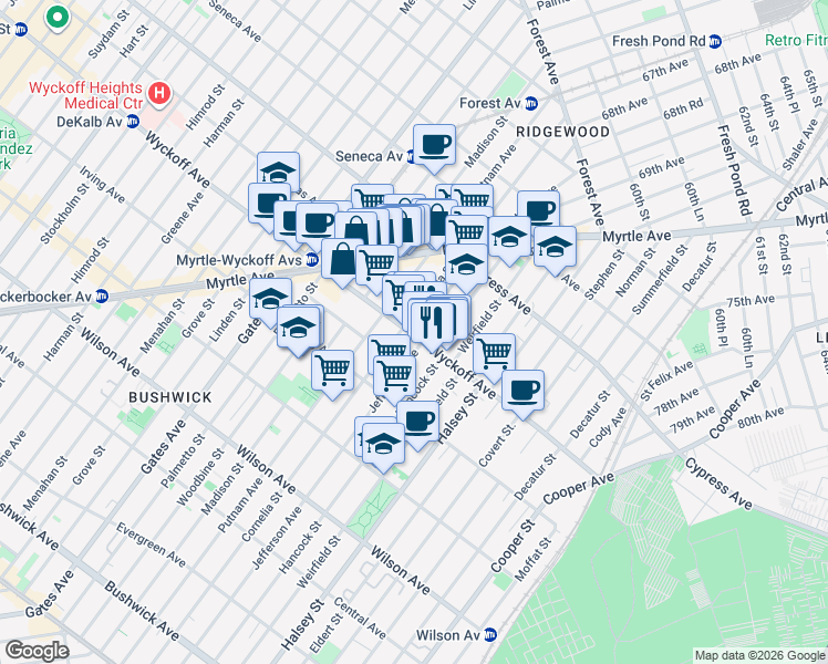 map of restaurants, bars, coffee shops, grocery stores, and more near in Queens