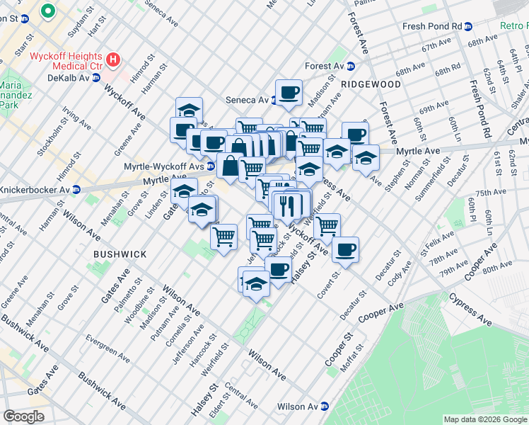 map of restaurants, bars, coffee shops, grocery stores, and more near in Queens