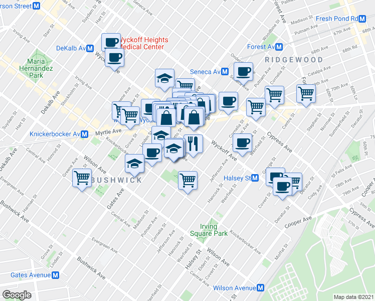 map of restaurants, bars, coffee shops, grocery stores, and more near 404 Woodbine Street in Brooklyn