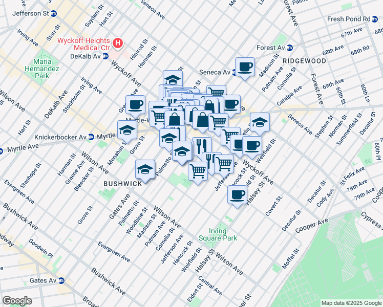 map of restaurants, bars, coffee shops, grocery stores, and more near 15 Ridgewood Place in Brooklyn
