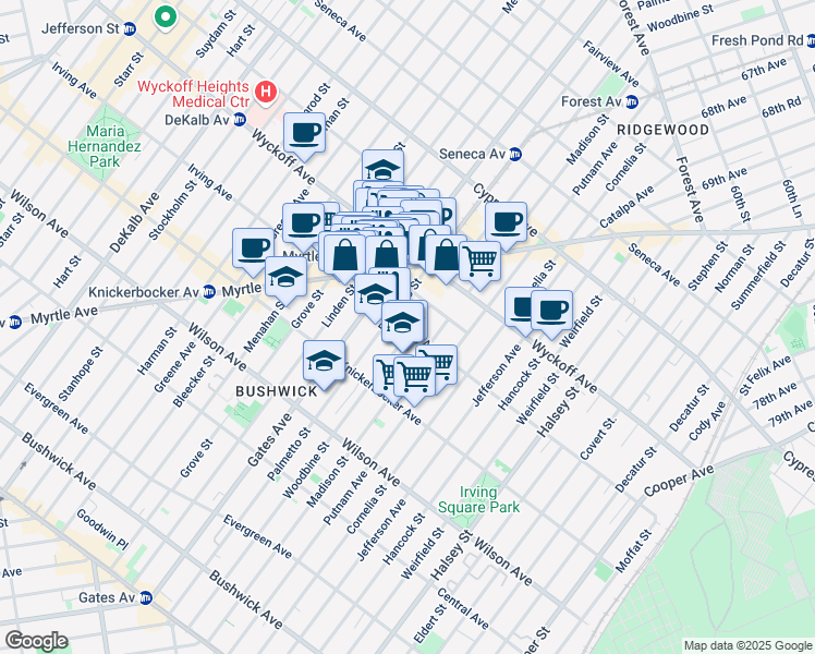 map of restaurants, bars, coffee shops, grocery stores, and more near 351 Irving Avenue in Brooklyn