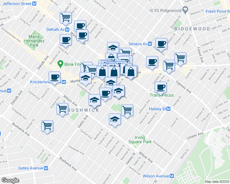 map of restaurants, bars, coffee shops, grocery stores, and more near 351 Irving Avenue in Brooklyn
