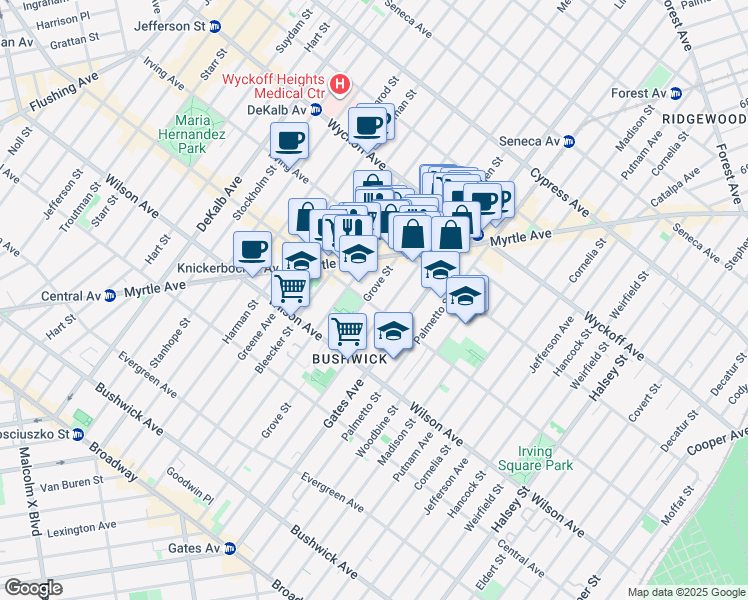 map of restaurants, bars, coffee shops, grocery stores, and more near 288 Grove Street in Brooklyn