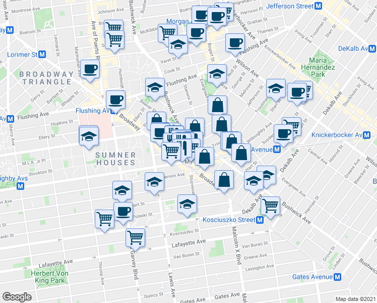 map of restaurants, bars, coffee shops, grocery stores, and more near 34 Melrose Street in Brooklyn