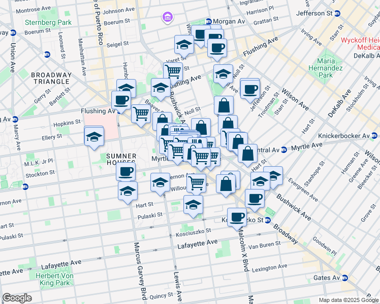map of restaurants, bars, coffee shops, grocery stores, and more near 34 Melrose Street in Brooklyn