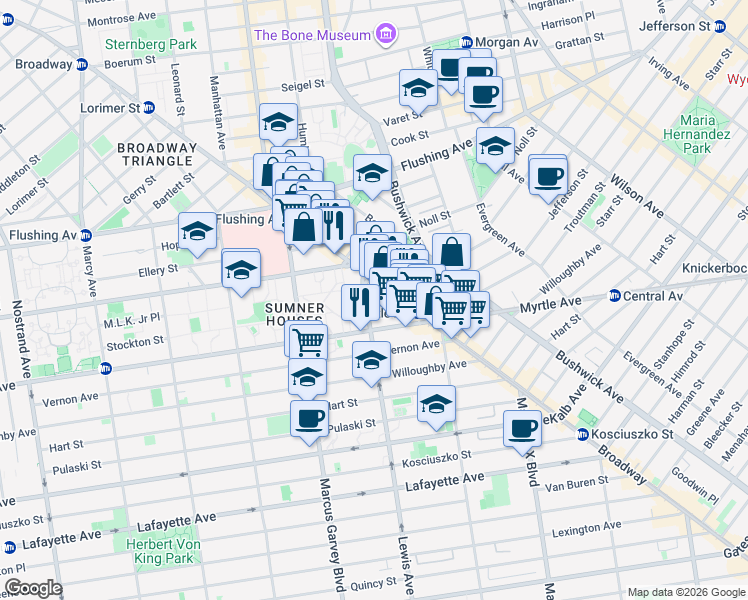 map of restaurants, bars, coffee shops, grocery stores, and more near 874 Broadway in Brooklyn