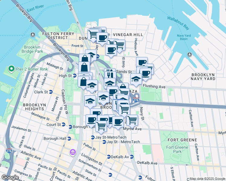 map of restaurants, bars, coffee shops, grocery stores, and more near 189 Bridge Street in Brooklyn