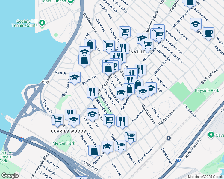 map of restaurants, bars, coffee shops, grocery stores, and more near 65 Greenville Avenue in Jersey City