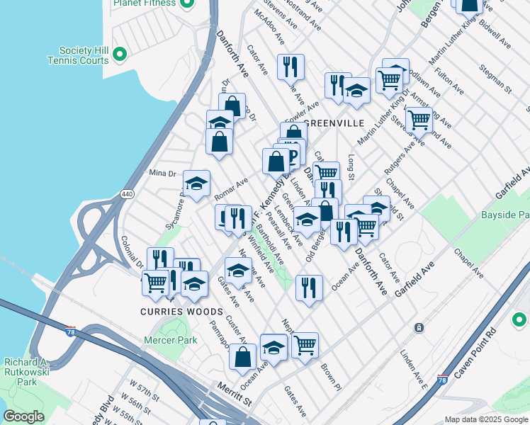 map of restaurants, bars, coffee shops, grocery stores, and more near 1657 John F. Kennedy Boulevard in Jersey City