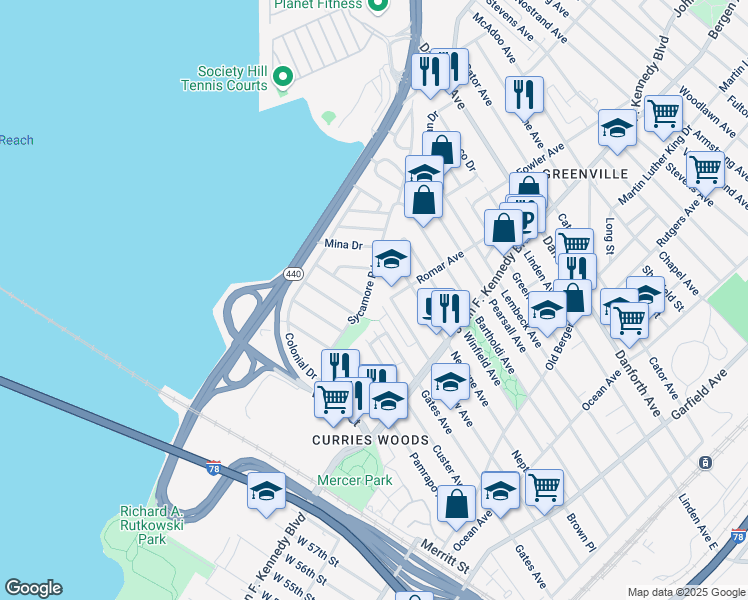 map of restaurants, bars, coffee shops, grocery stores, and more near 72 Sycamore Road in Jersey City