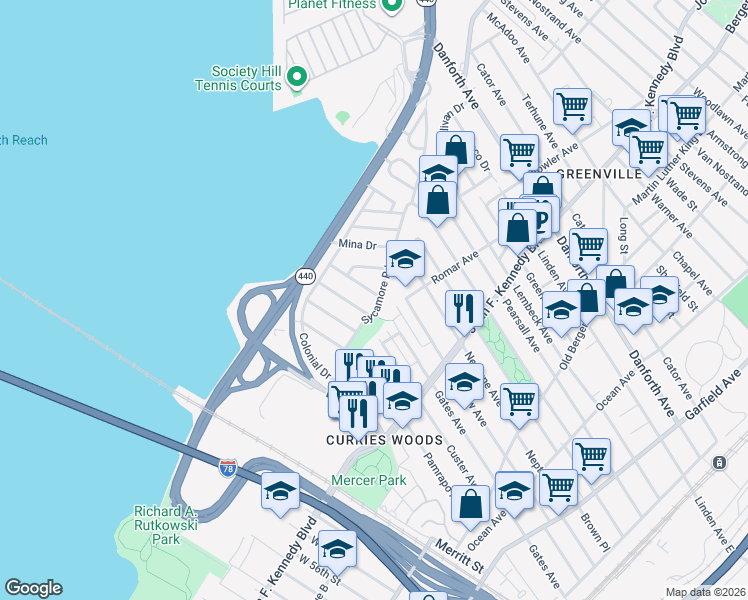 map of restaurants, bars, coffee shops, grocery stores, and more near 72 Sycamore Road in Jersey City